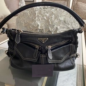 Authentic Prada Hobo Bag in black, off white stitching, with silver hardware